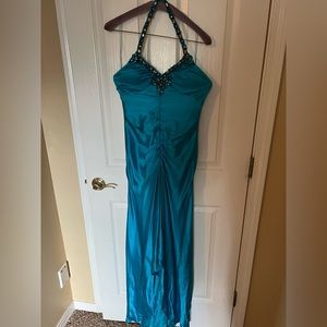 Cache prom dress, size 2, turquoise with beaded halter neck.
